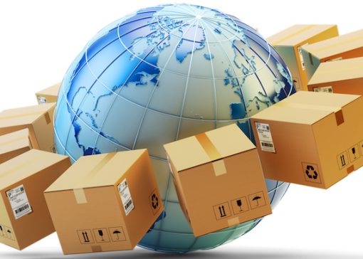 Global purchases transportation business, cardboard boxes around Earth globe isolated on white background.