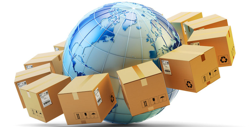 Global purchases transportation business, cardboard boxes around Earth globe isolated on white background.